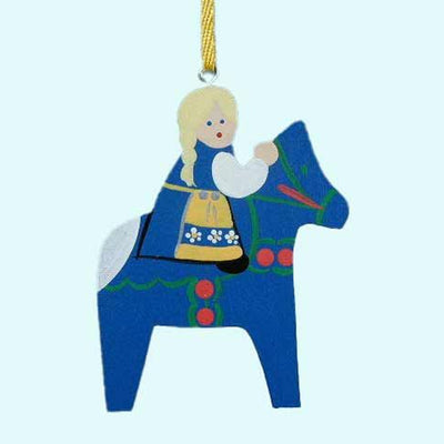 Girl on Blue Dala Horse Ornament available at American Swedish Institute.