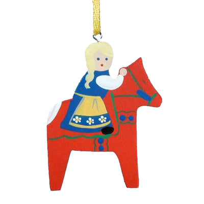 Girl on Dala Horse Ornament available at American Swedish Institute.