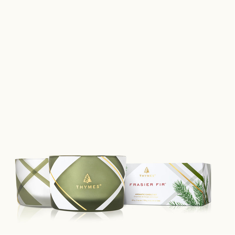 Thymes Frasier Fir Frosted Plaid Candle Set available at American Swedish Institute.