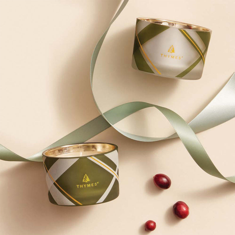 Thymes Frasier Fir Frosted Plaid Candle Set available at American Swedish Institute.