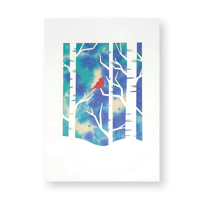Cardinal in Birch Forest with Blue Foliage Notecard by Anniken available at American Swedish Institute.