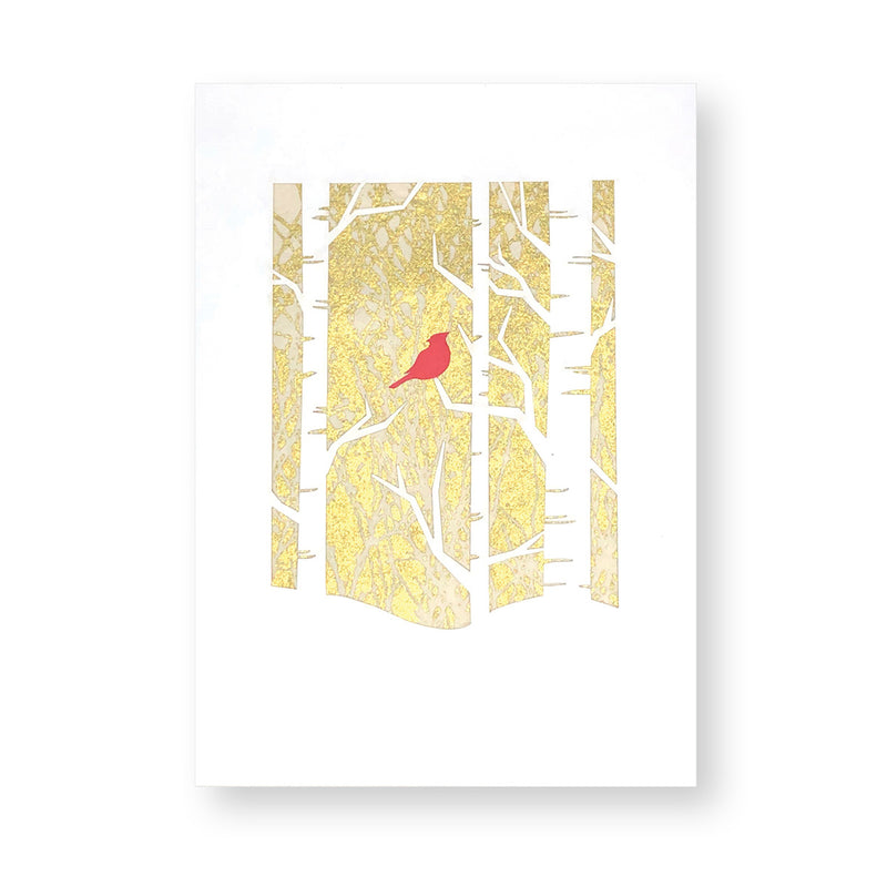 Cardinal in a Birch Forest with Gold Foliage Notecard by Anniken Creative available at American Swedish Institute.