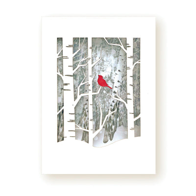 Birch Forest in Winter with Cardinal 3-Panel Card available at American Swedish Institute.