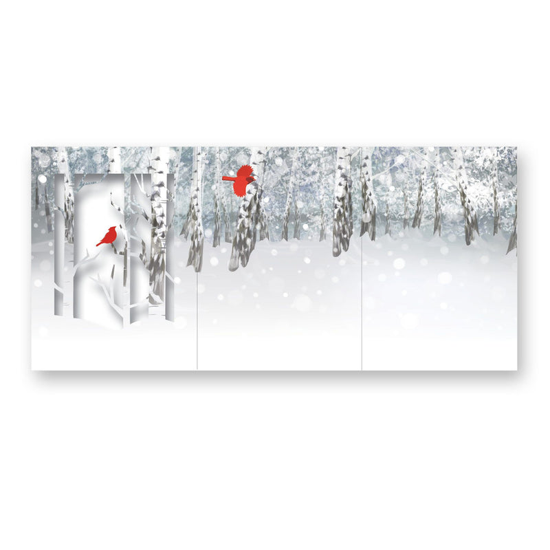 Birch Forest in Winter with Cardinal 3-Panel Card available at American Swedish Institute.