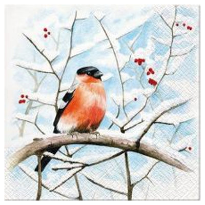 Bullfinch on Snowy Branch Lunch Napkin available at American Swedish Institute.