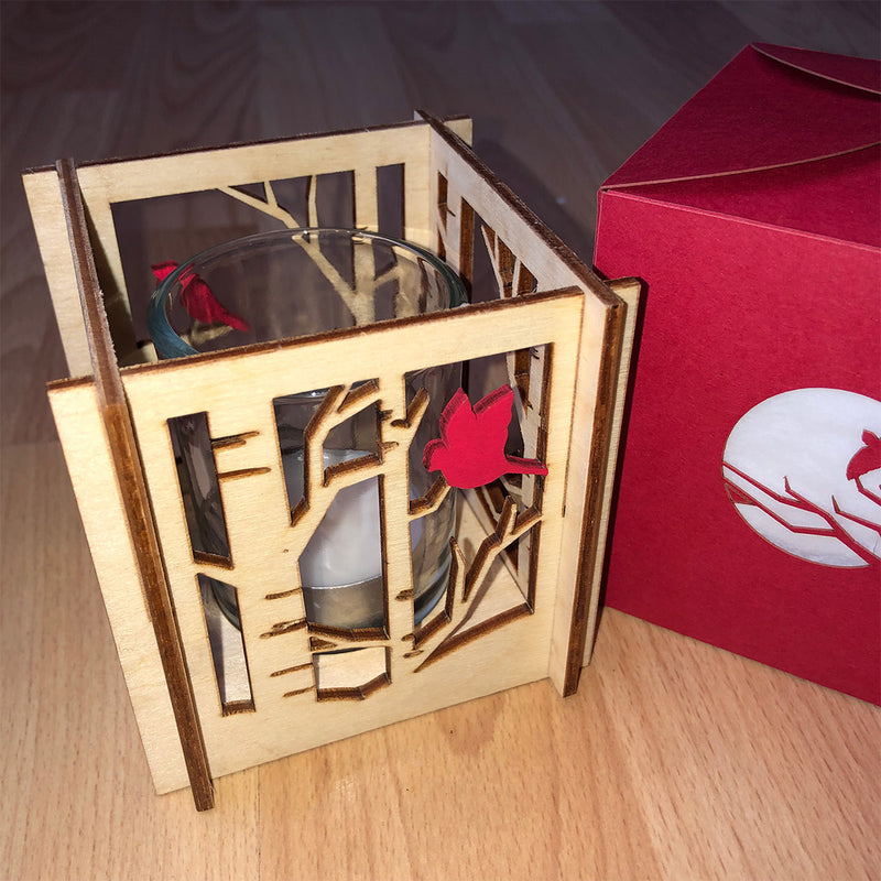 Cardinals and Birch Trees Baltic Birch Lantern by Anniken Creative available at American Swedish Institute.