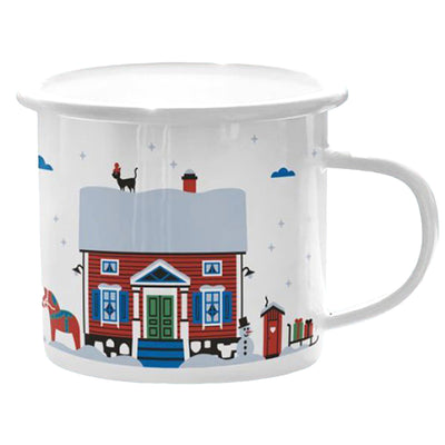 Red Winter Stuga Enamel Mug available at American Swedish Institute.