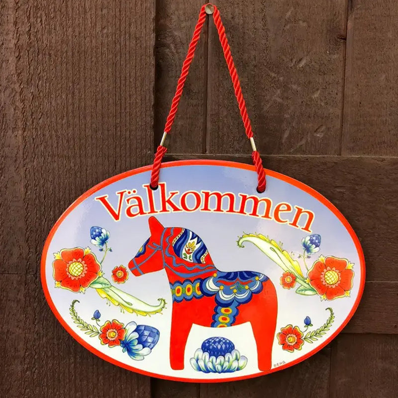 Dala Horse Välkommen (Welcome) Sign available at American Swedish Institute.