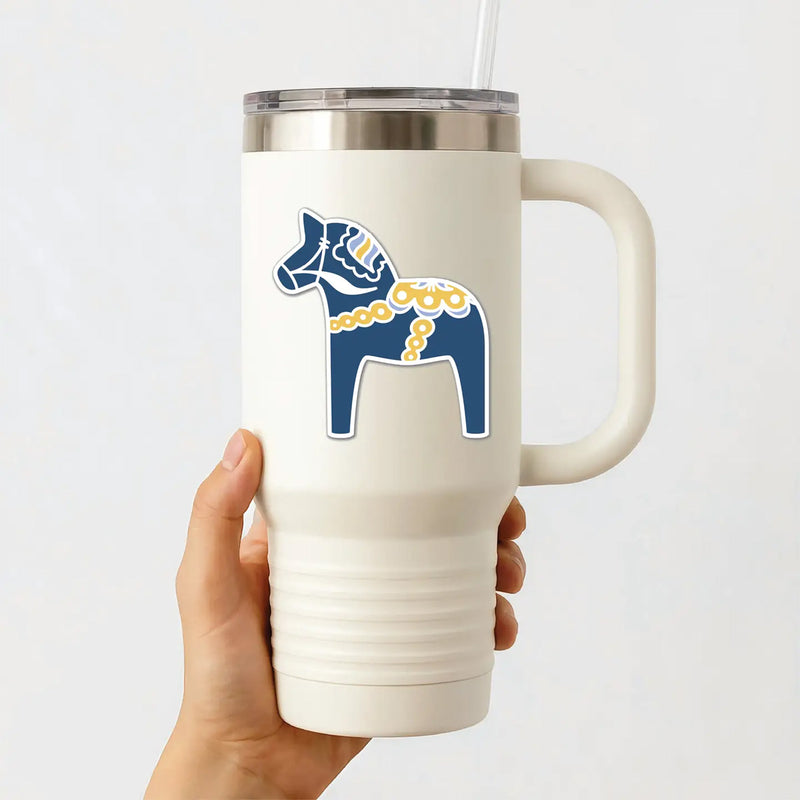 Navy Swedish Dala Horse Sticker available at American Swedish Institute.