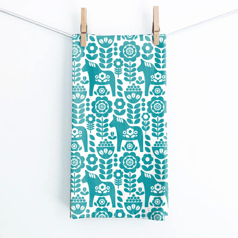 Teal Dala Floral Tea Towel by Juniper Blue available at American Swedish Institute.