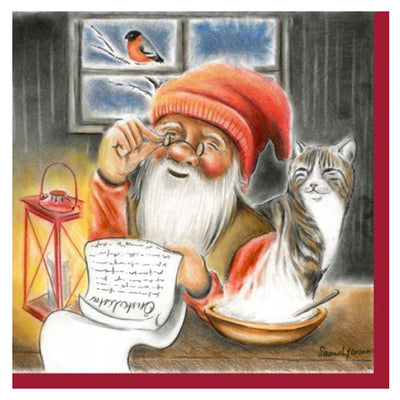Tomte and Cat Reading Wish List Lunch Napkins available at American Swedish Institute.