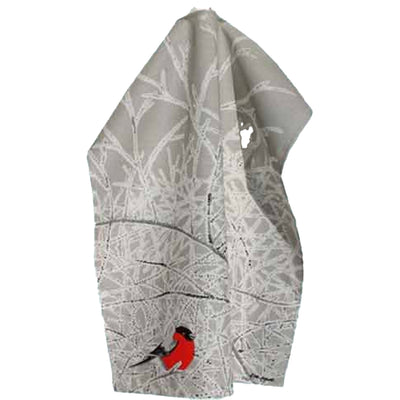Bullfinch on Snowy Branches Tea Towel available at American Swedish Institute.