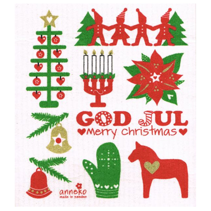 God Jul Merry Christmas Tomtar Dishcloth available at American Swedish Institute.