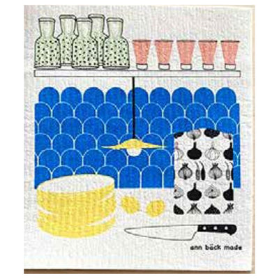 Kitchen with Blue Tiles Dishcloth available at American Swedish Institute.