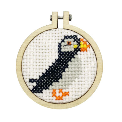I Puffin Love Orkney! Mini Matchbox Cross Stitch Kit available at American Swedish Institute.