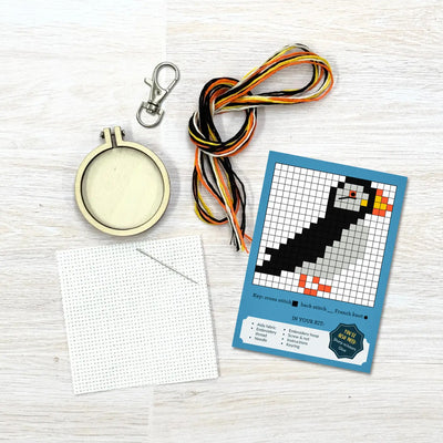 I Puffin Love Orkney! Mini Matchbox Cross Stitch Kit available at American Swedish Institute.