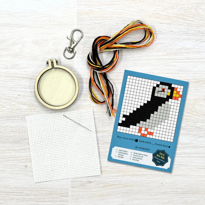 I Puffin Love Orkney! Mini Matchbox Cross Stitch Kit available at American Swedish Institute.