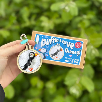 I Puffin Love Orkney! Mini Matchbox Cross Stitch Kit available at American Swedish Institute.