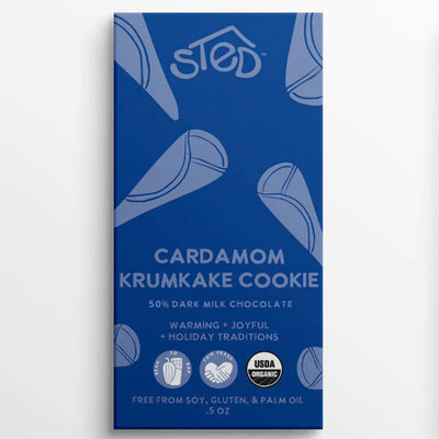 Sted Mini Cardamom Krumka Cookie Chocolate Bar available at American Swedish Institute.