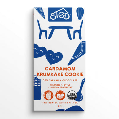 Sted Cardamom Krumka Cookie Chocolate Bar available at American Swedish Institute.