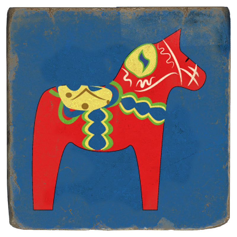 Marble Coaster with Red Dala Horse on Blue