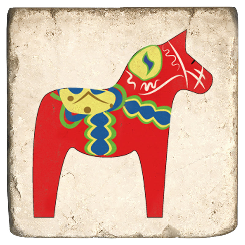 Marble Coaster with Red Dala Horse on White