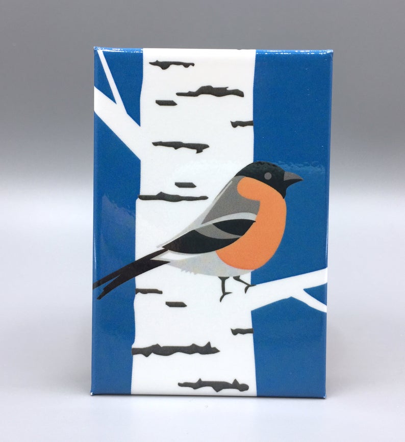 Cindy Lindgren Bullfinch on Birch Magnet available at American Swedish Institute.