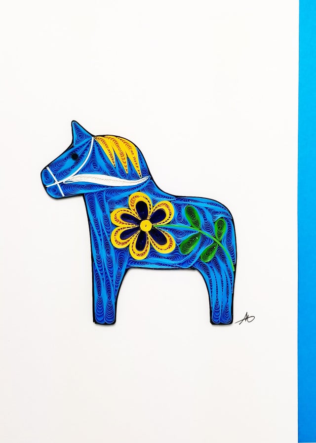 Iconic Quilling Dala Horse Greeting Card (Blue) available at American Swedish Institute
