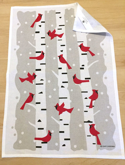 Cindy Lindgren Winter Cardinals Tea Towel available at American Swedish Institute.