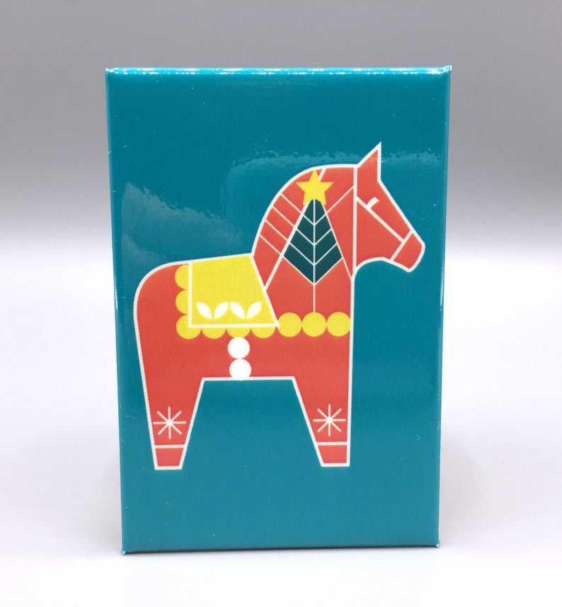Cindy Lindgren Dala Horse Magnet available at American Swedish Institute.