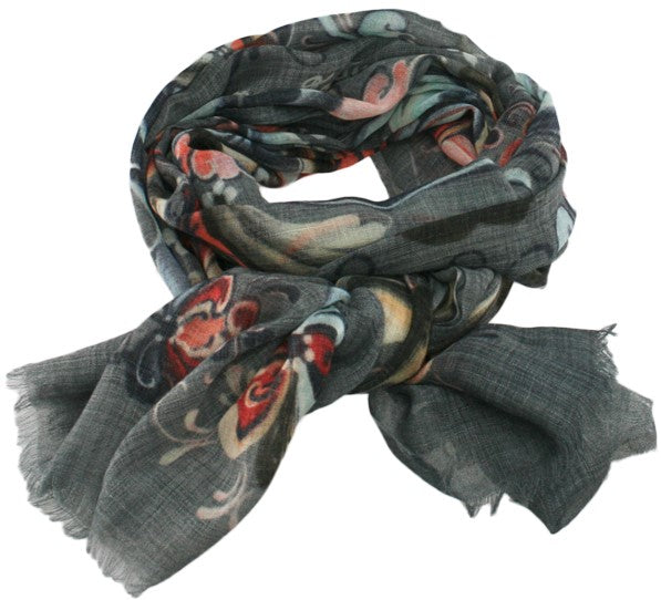 Rosemåling Scarf (Grey) designed by Minnesota Artist Suzanne Toftey available at American Swedish Institute.